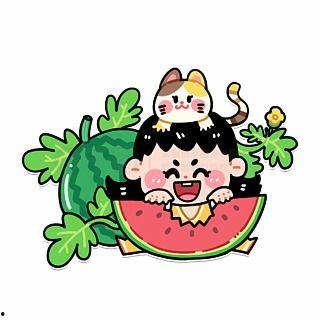 漫画小人吃瓜图片,漫画小人畅享夏日清凉  第3张